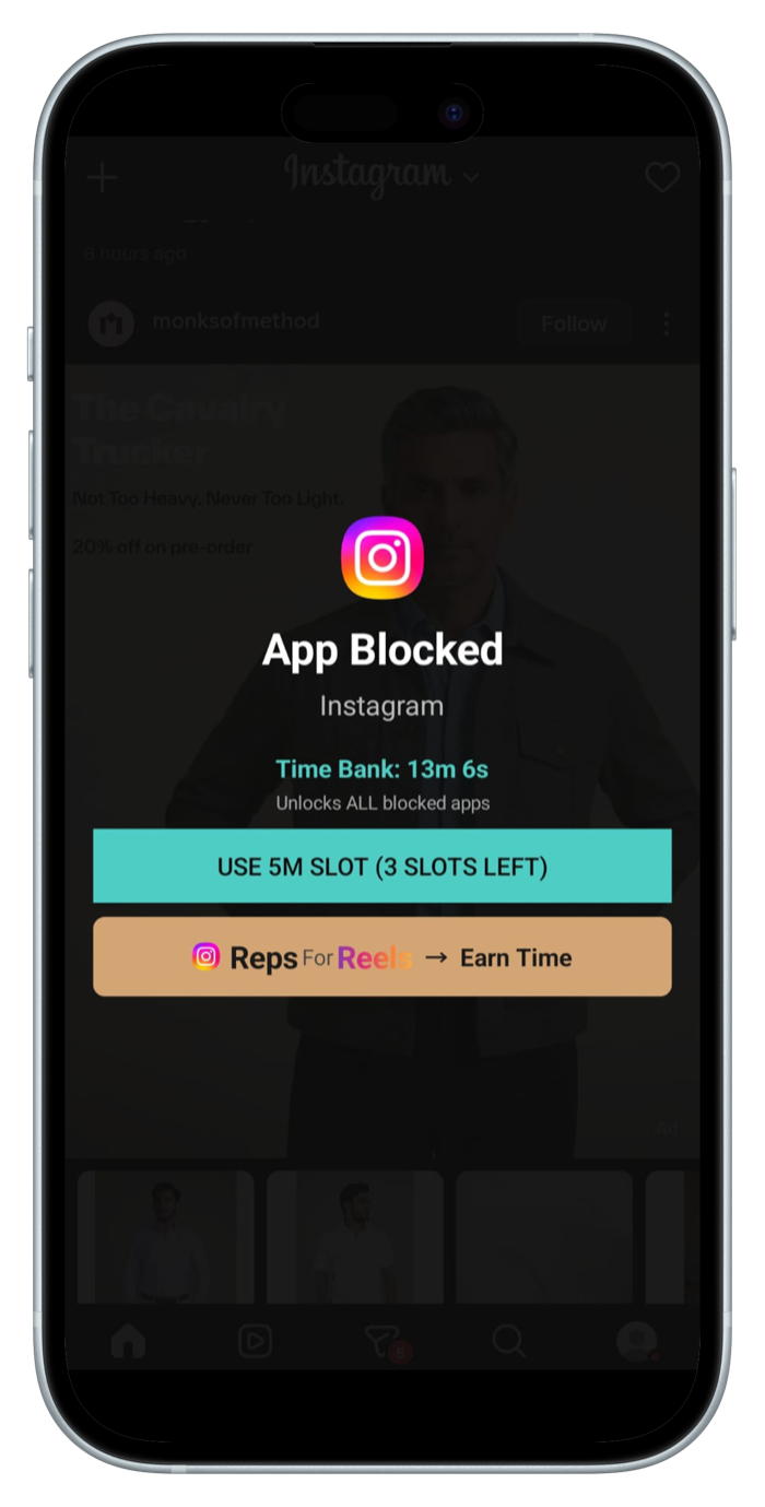 Instagram blocked by RepsForReels — showing time bank balance and unlock button