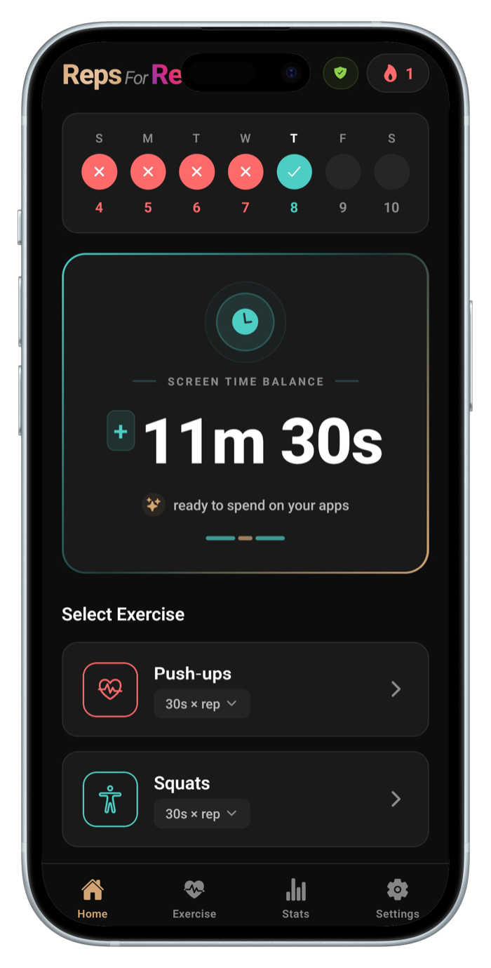 RepsForReels home screen — weekly exercise tracker, screen time balance, pushups and squats