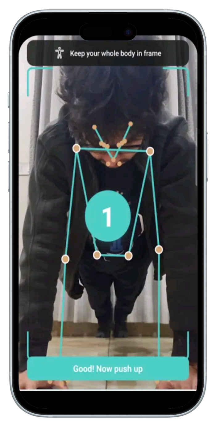 RepsForReels AI pose detection — camera tracking pushup form with skeleton overlay and real-time rep counter